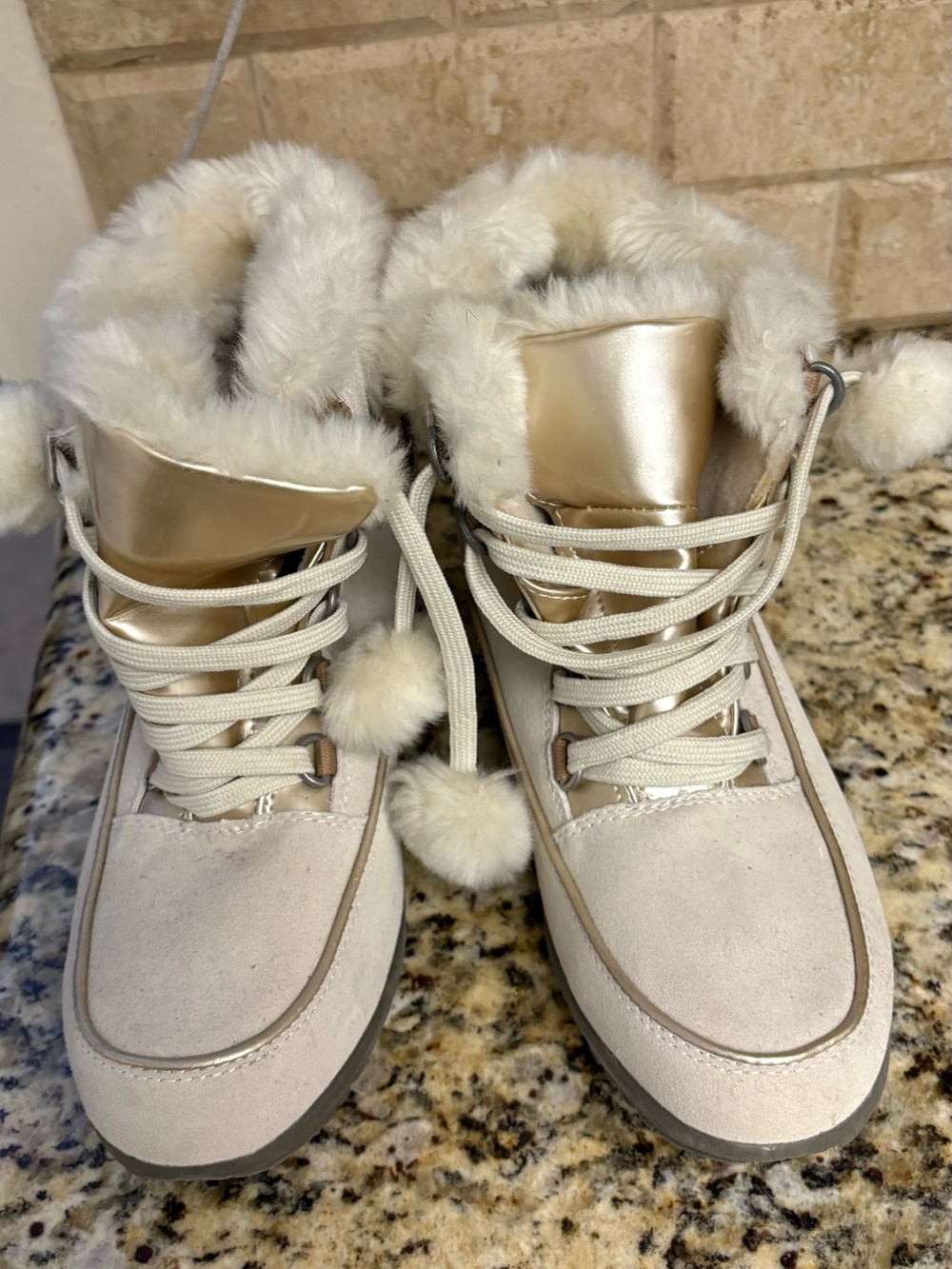 Sporto Cream Faux-Fur Lace-Up Winter Boots with Pom Poms